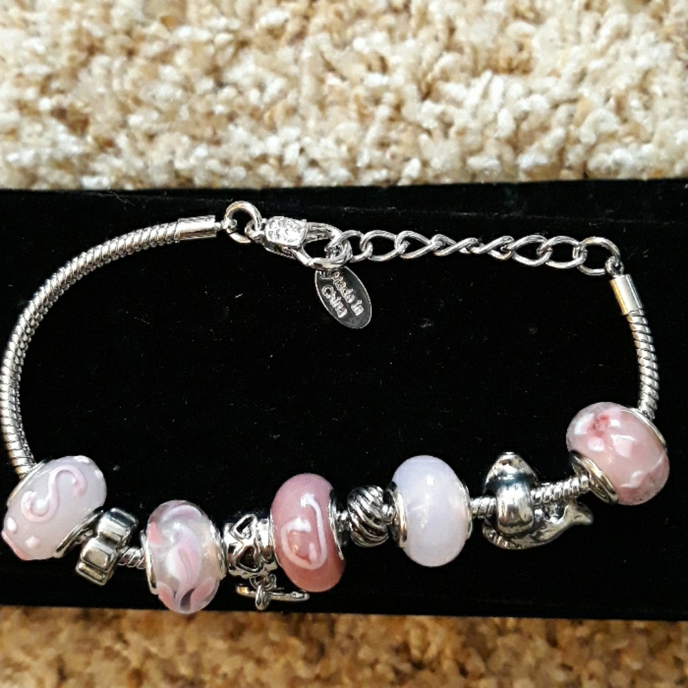 Silver Charm Bracelet  w/ Pink and Silver Charms!